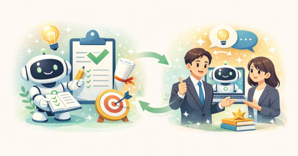 生成AIのコツを共有するaiロボットと男女2人